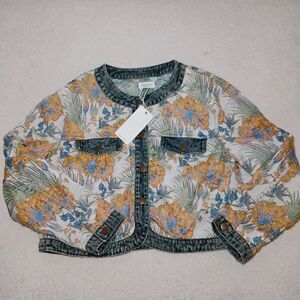 Floral Textured Denim Trim Jacket Grandma Chic Feminine Floral Nwt Size Large